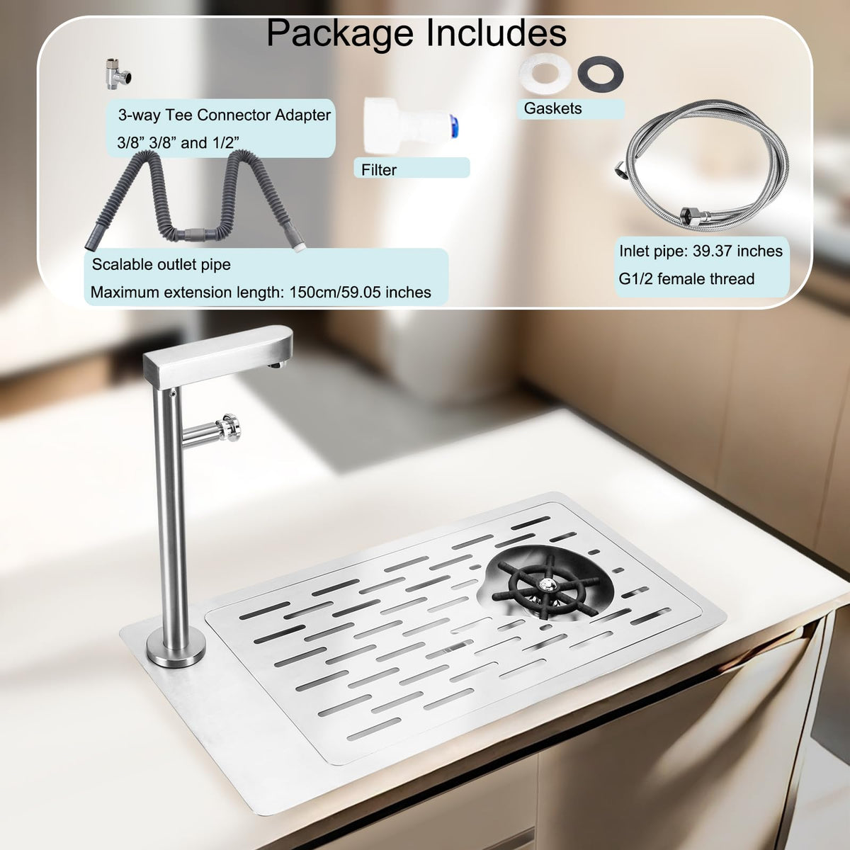 DIBTSA Pitcher Rinser, Stainless Steel Countertop Glass Rinser Cup Washer Sink with Side Spray,Drip Tray for Home Cafe Restaurant