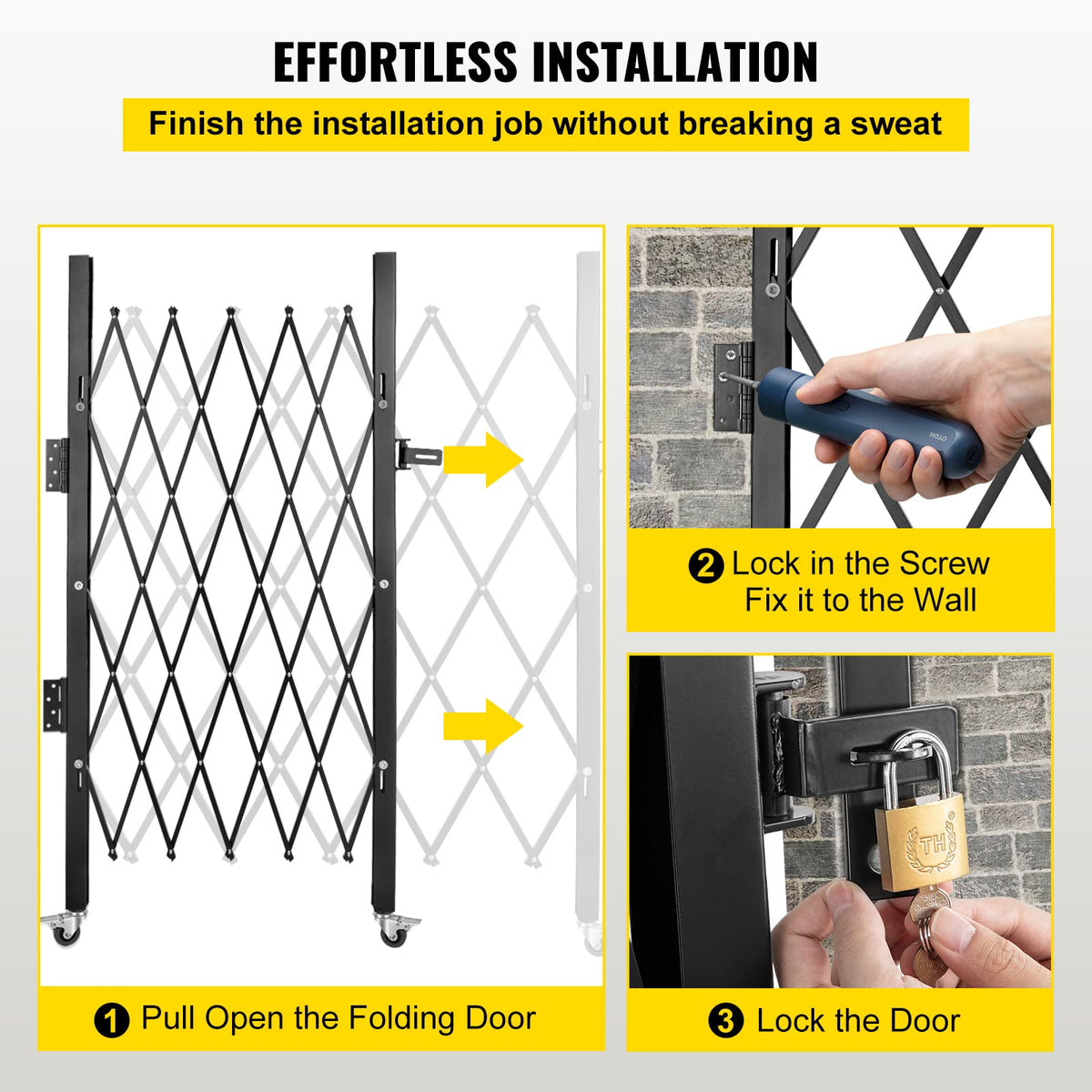 VEVOR Single Folding Security Gate, 61" H x 71" W Folding Door Gate, Steel Accordion Security Gate, Flexible Expanding Security Gate, 360° Rolling Barricade Gate, Scissor Gate/Door with Padlock