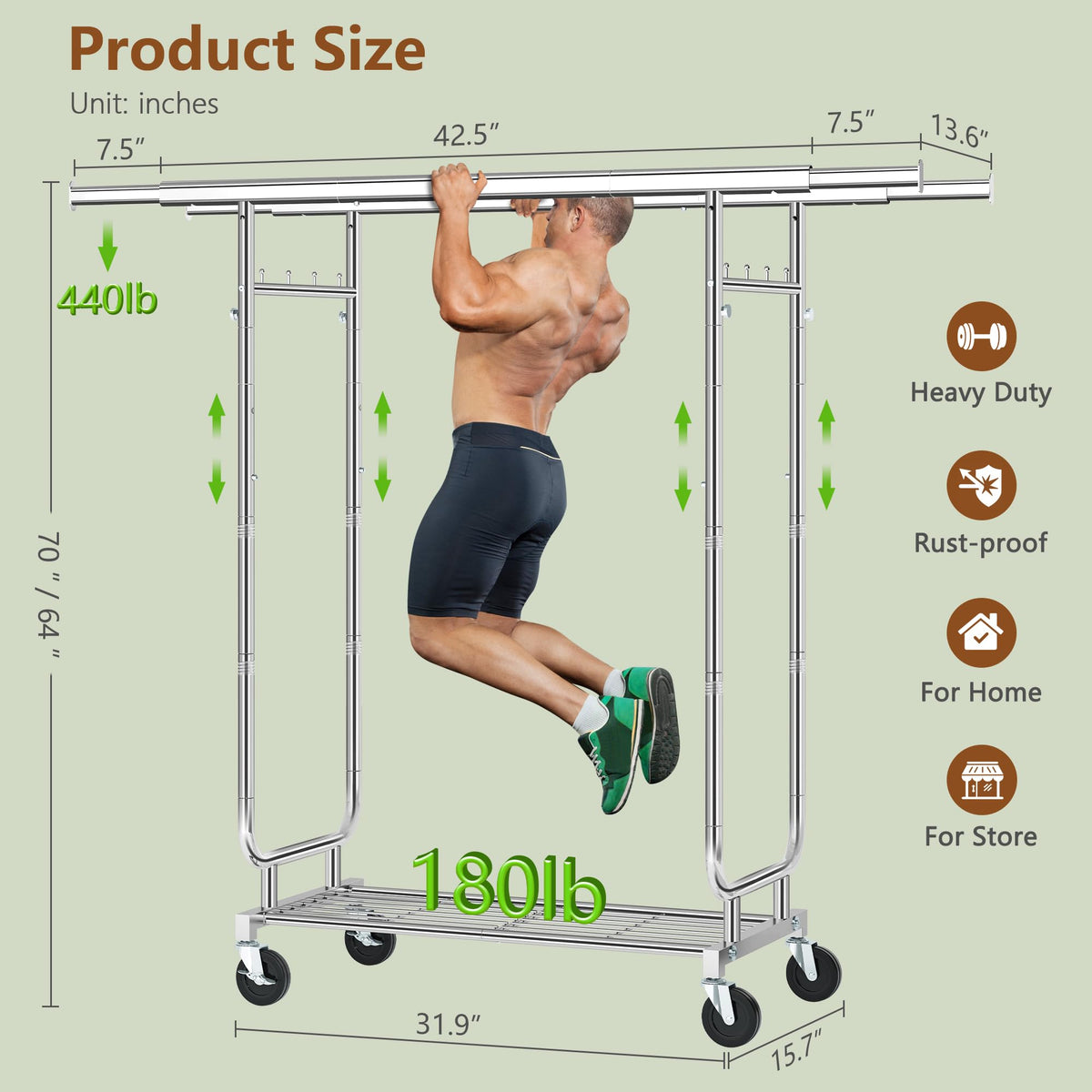 Heavy Duty Rolling Clothes Rack, 620 LBS Load Double Rod Adjustable Garment Rack with Storage Shelves & Lockable Wheels, Portable Clothing Rack for Hanging Clothes for Bedroom, Laundry Living Room
