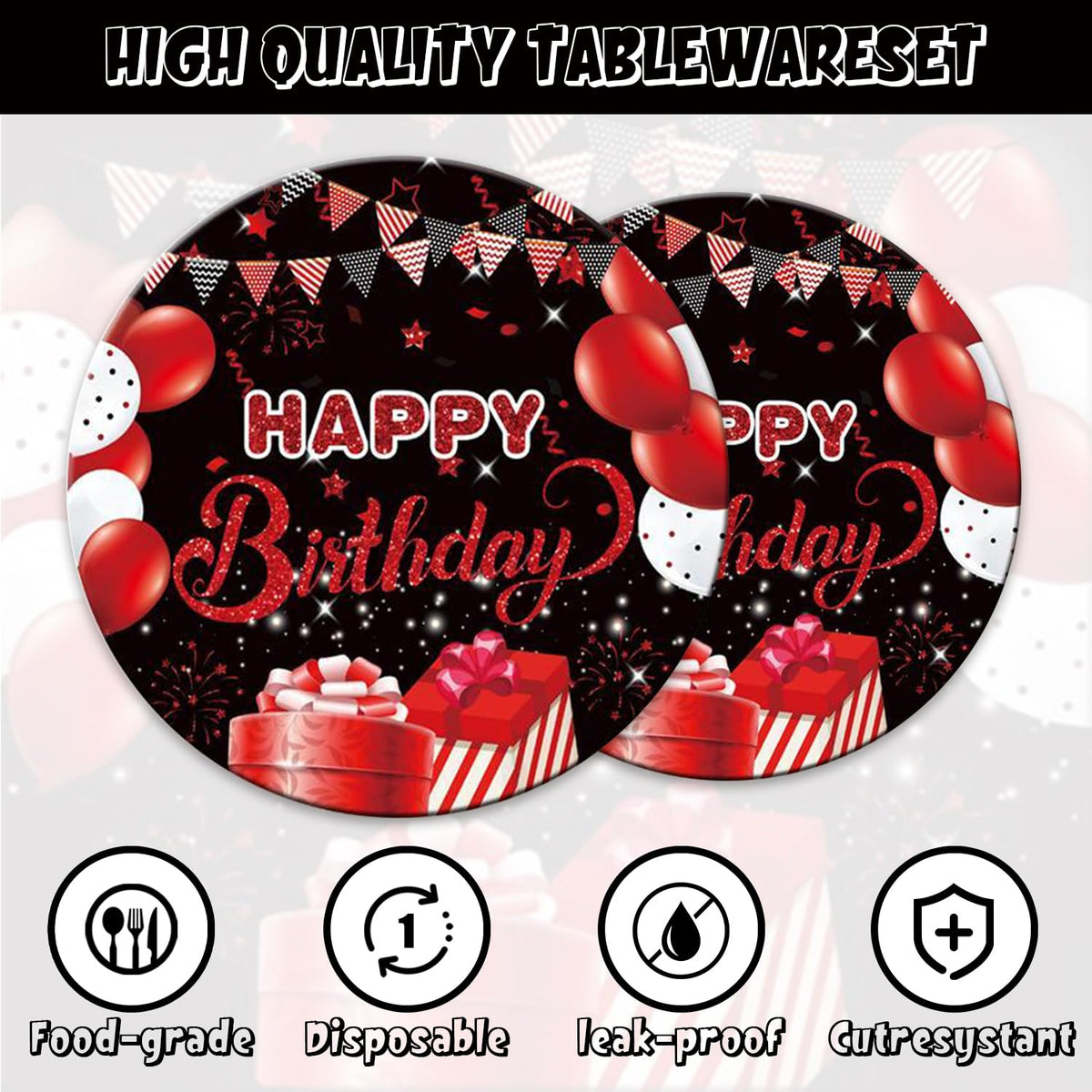 142Pcs Red and Black Birthday Party Tableware Set Inculde Plates Napkins Knives Forks Spoons Cups Banner and Tablecover Red and Black Birthday Party Decorations Supplies Serve 20