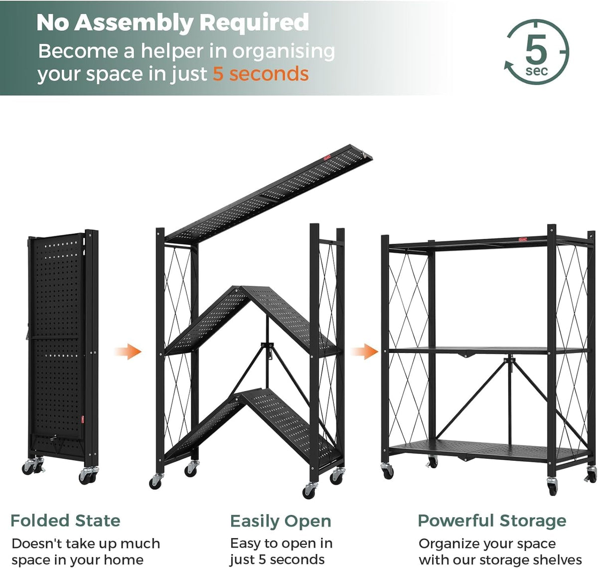 DEANIC 3 Tier Foldable Storage Shelves with Wheels, Kitchen Appliance Stand, Freestanding Metal Wire Shelf Rack, No Assembly Organizer Rolling Cart for Garage, Basement, Pantry(Black Pack of 2)