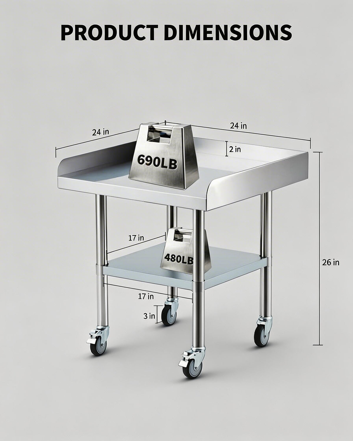 24 x 24 Stainless Steel Prep Table with Wheels – Commercial Mobile Workstation, Adjustable Undershelf, 3-Sided Backsplash – NSF Kitchen Worktable for Restaurant, Home, Garage & Catering