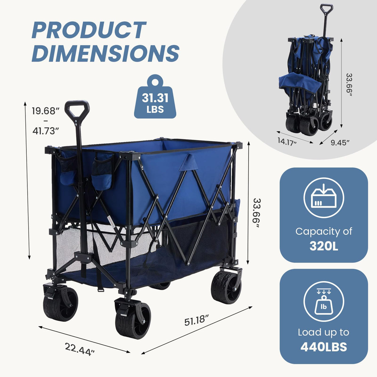 DUMOS 440LBS Heavy Duty Double Decker Wagon Cart with Extender, 400L Large Capacity Collapsible Folding Wagons with Brakes, Adjust Handle, All-Terrain Big Wheels for Garden Shopping Camping - Blue