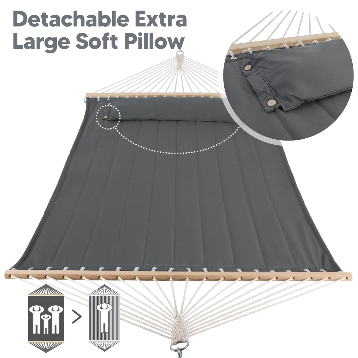 SUNCREAT Portable Tree Hammock with Hardwood Spreader Bar, Extra Large Soft Pillow, Heavy Duty 2 Person Hammock for Indoor, Outdoor, Gray