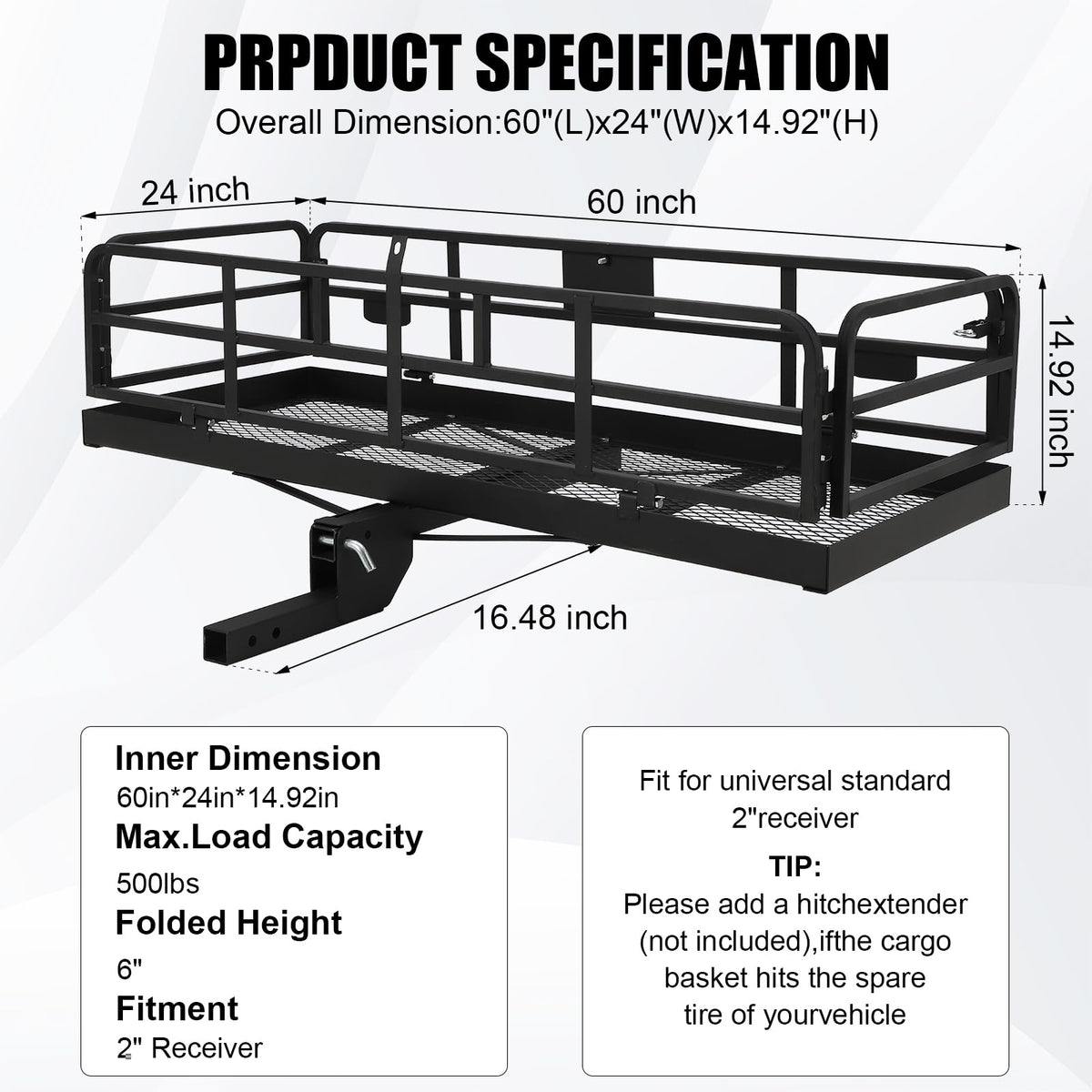 Trailer Hitch Cargo Rack, Folding Hitch Mount Cargo Carrier with High Side Rails, Cargo Carrier Fits 2" Receiver for RV Truck SUV Van, 500 lbs Weight Capacity, 60" L×24" W×14.9" H