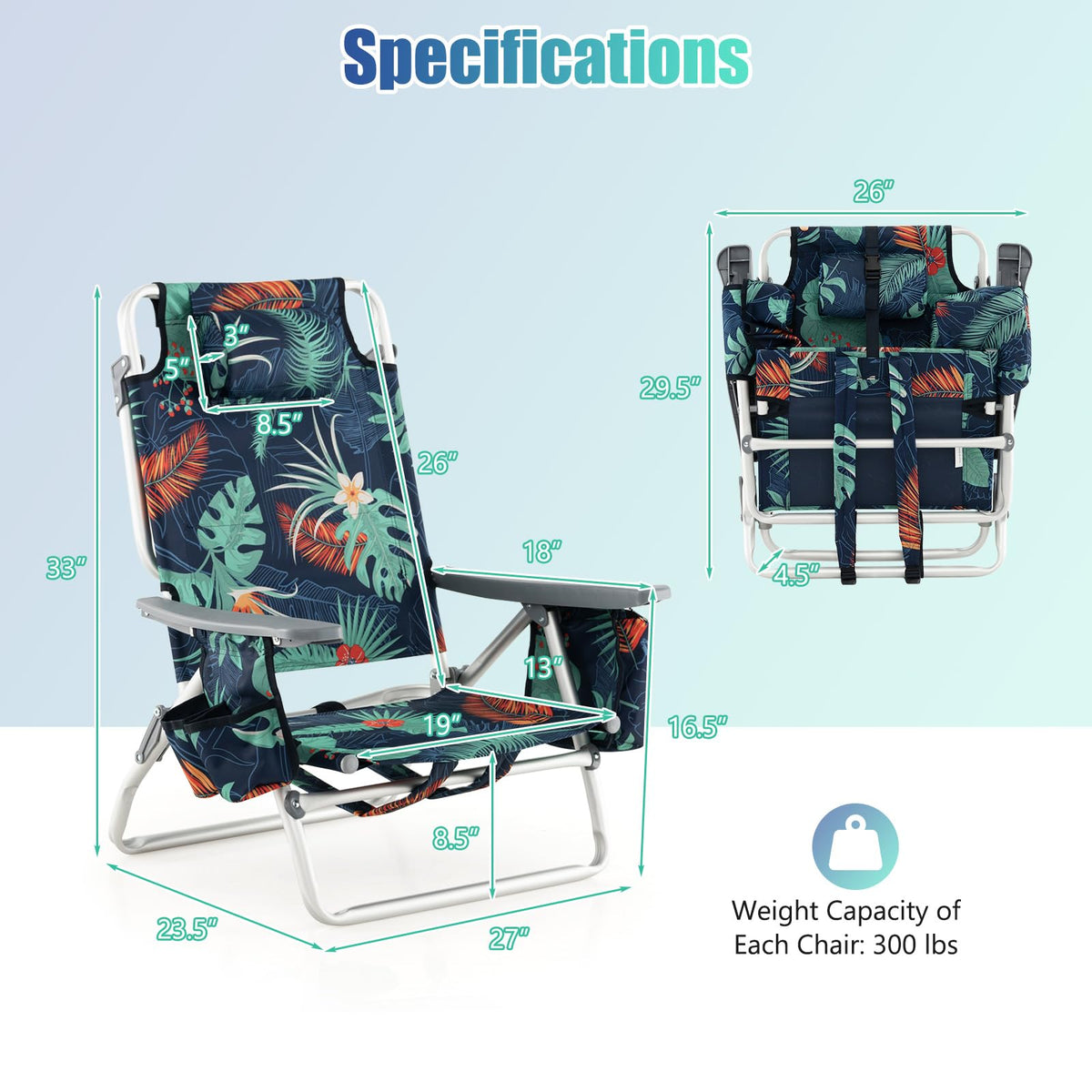 GYMAX Beach Chairs, Backpack Camping Chair with Armrest, Cooler Bag, Cup Holder, Towel Bar & Side Pockets, Sunbath Sling Tanning Lounge, Folding Layout Chair (Without Table, Flower)