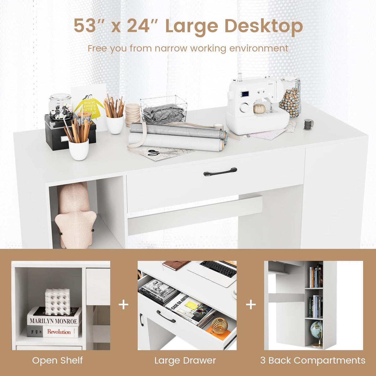 COSTWAY 36” Counter Height Sewing Table, 53 Inch Artwork Craft Table with 14 Open Compartments, 3-Position Adjustable Shelf, 1 Drawer & Cabinet, Project Center Desk Drafting Sewing Workstation, White