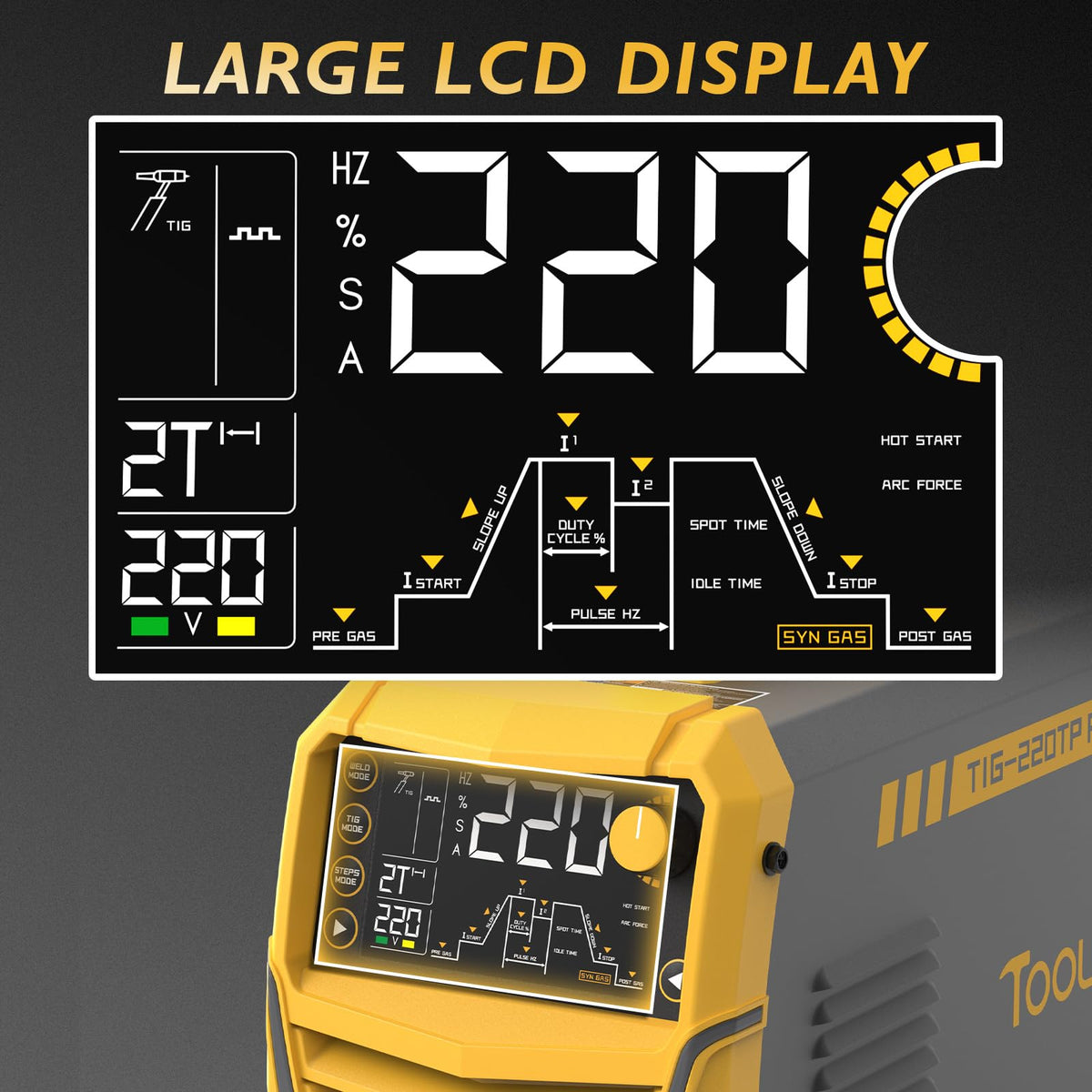 TOOLIOM 220A Cold TIG Welder with DC Pulse, 7 In 1 Cold Spot Lift TIG/Stick Welder with IGBT Inverter, 110&220V Welding Machine with Large Digital Display 2T/4T/4T Repeat Mode TIG Welding Equipment