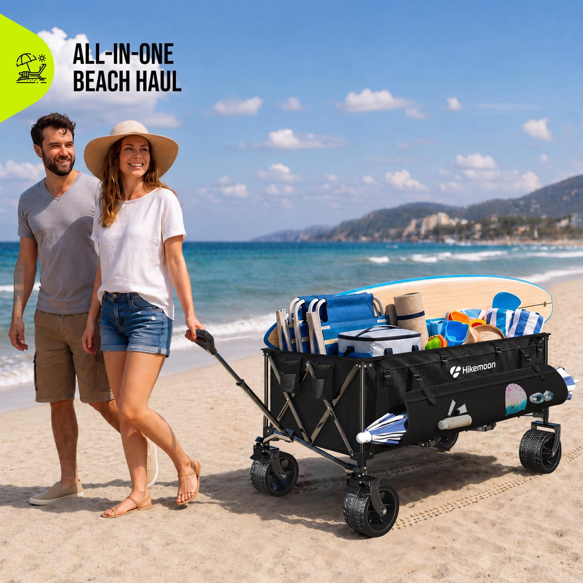 Hikemoon 400L Large Wagons Carts Foldable, 54" Extra Long Collapsible Beach Wagon with Big All-Terrain Wheels, 560LBS Heavy Duty Utility Folding Cart for Camping, Grocery, Sports, Garden, Black