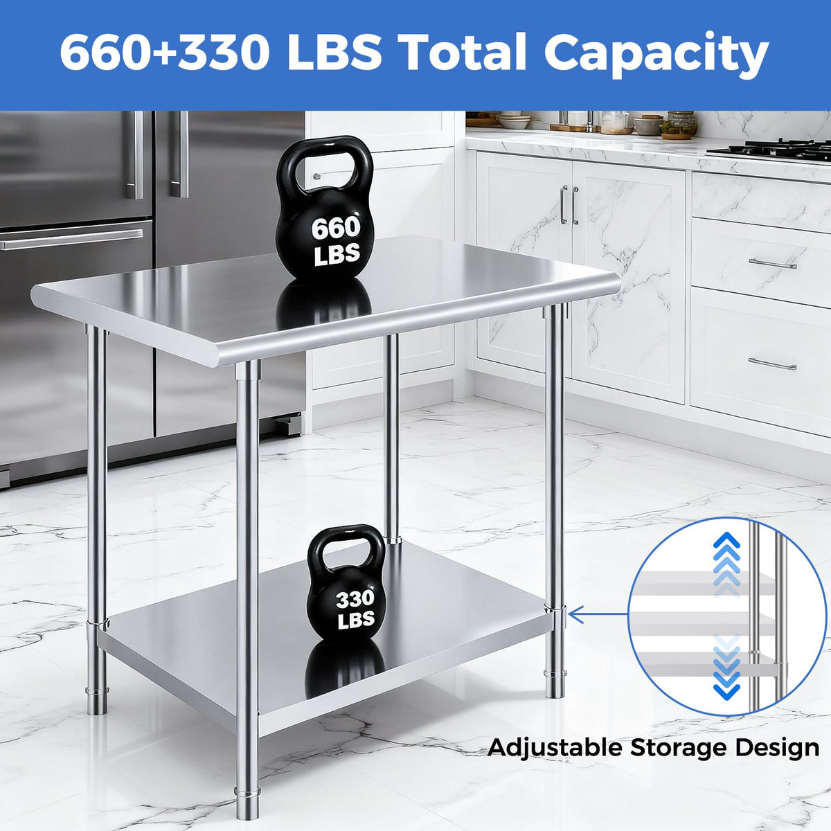 OSTBA Stainless Steel Table for Prep & Work 24x36 Inches, NSF Metal Commercial Heavy Duty Table with Adjustable Undershelf and Adjustable Foot for Restaurant Kitchen Home and Hotel