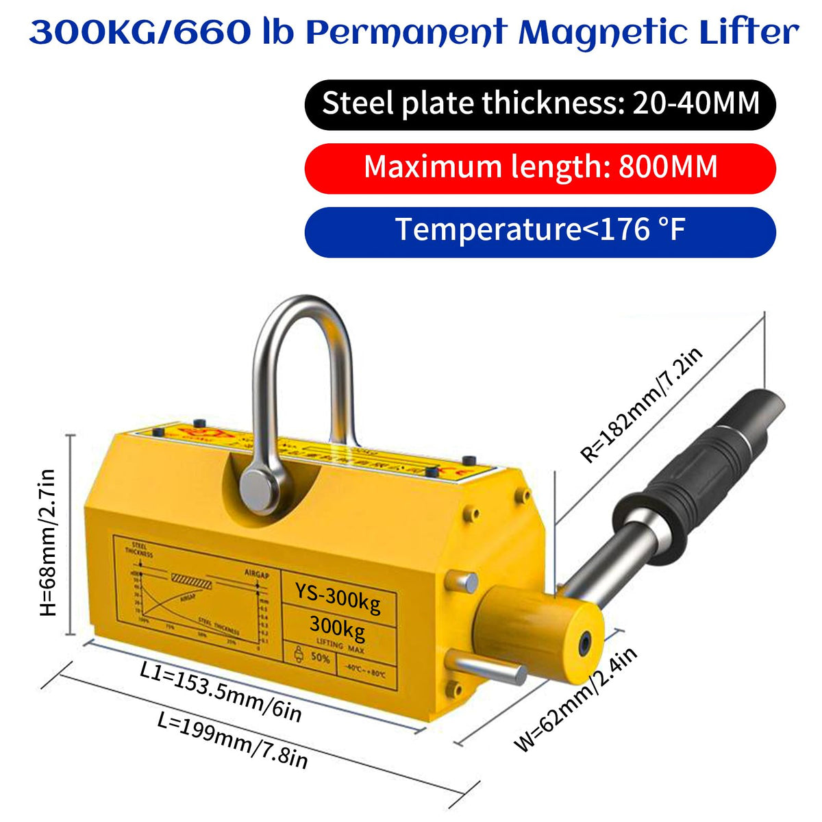 660 lb/300kg Magnetic Lifter, Permanent Magnetic Lifter with Release for Lifting Plate Steel, Board, Used in Shop Crane, Board, Hoist