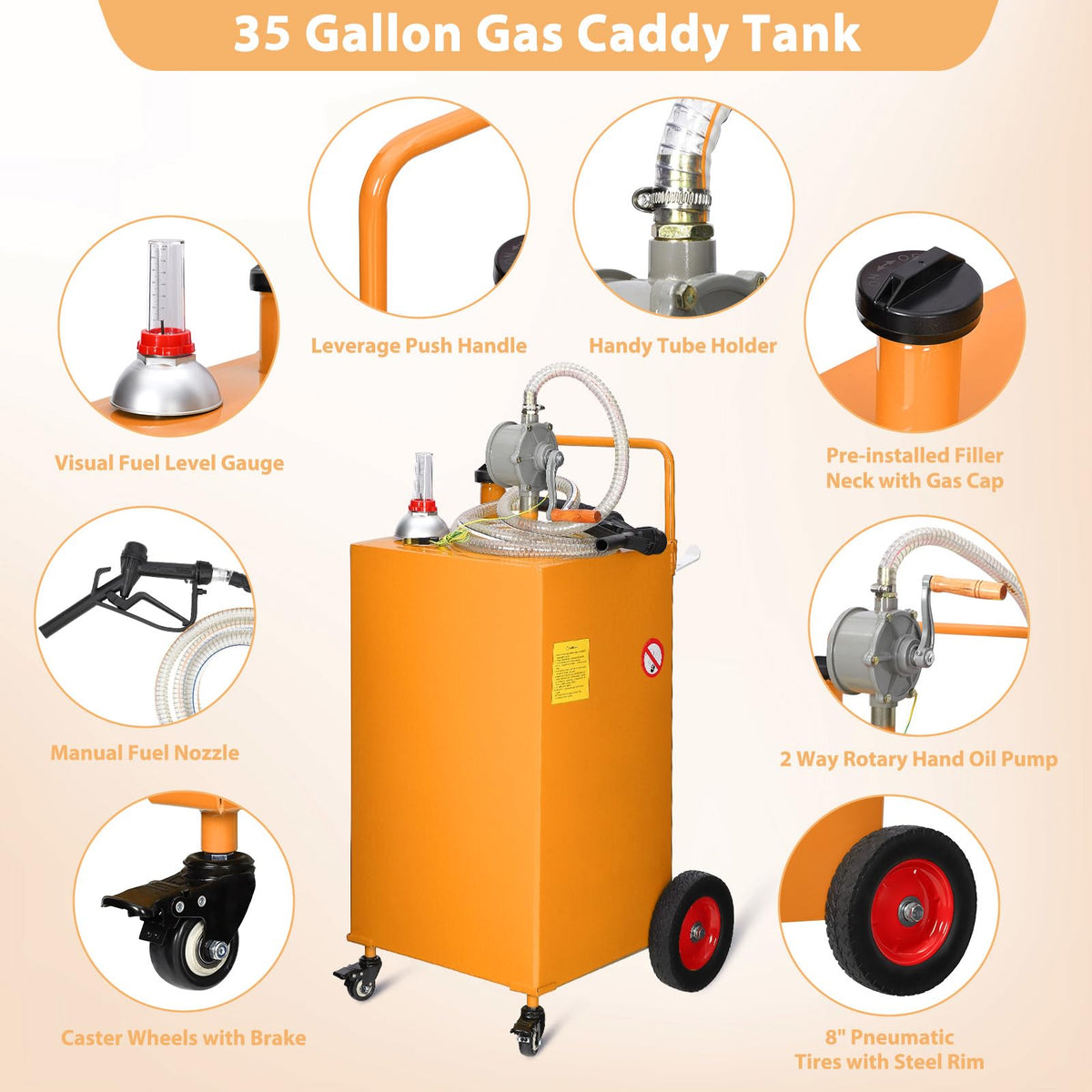 35 Gallon Portable Fuel Caddy with Manual Pump, Heavy Duty Mobile Fuel Transfer Tank On 4 Wheels, Gasoline & Diesel Storage Container for Trucks, Boats, ATVs, Lawn Mowers, Farm Equipment - Orange