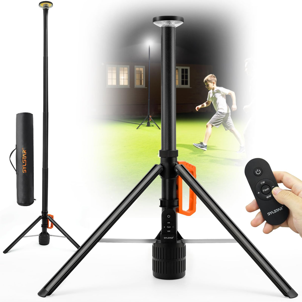 SYLSTAR 360° Rechargeable Work Light with Remote &Telescopic Stand (8.4Ft), 3000LM Ultra Bright 3CCT Dimmable, 6000mAh Battery, Portable Camping Light for Jobsite Workshop Sports Emergencies