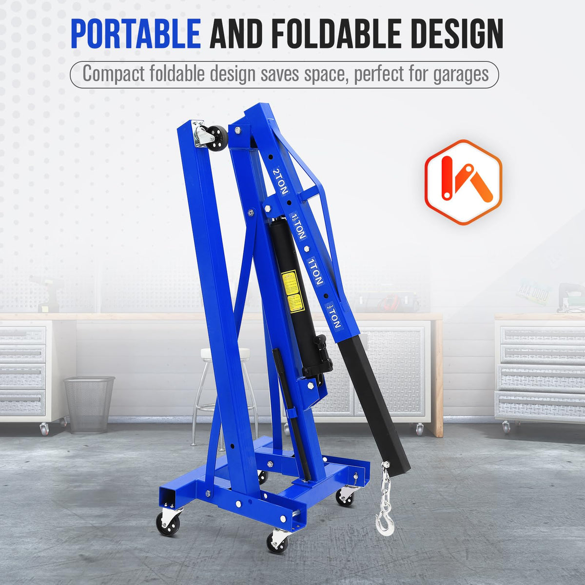 2 Ton Folding Hydraulic Engine Hoist - Cherry Picker Shop Crane, 4400 Lbs Hydraulic Engine Lift with Telescopic Boom, 6 Casters for Garage, Workshop, Auto-Repair, Heavy Duty, Easy Mobility, Blue