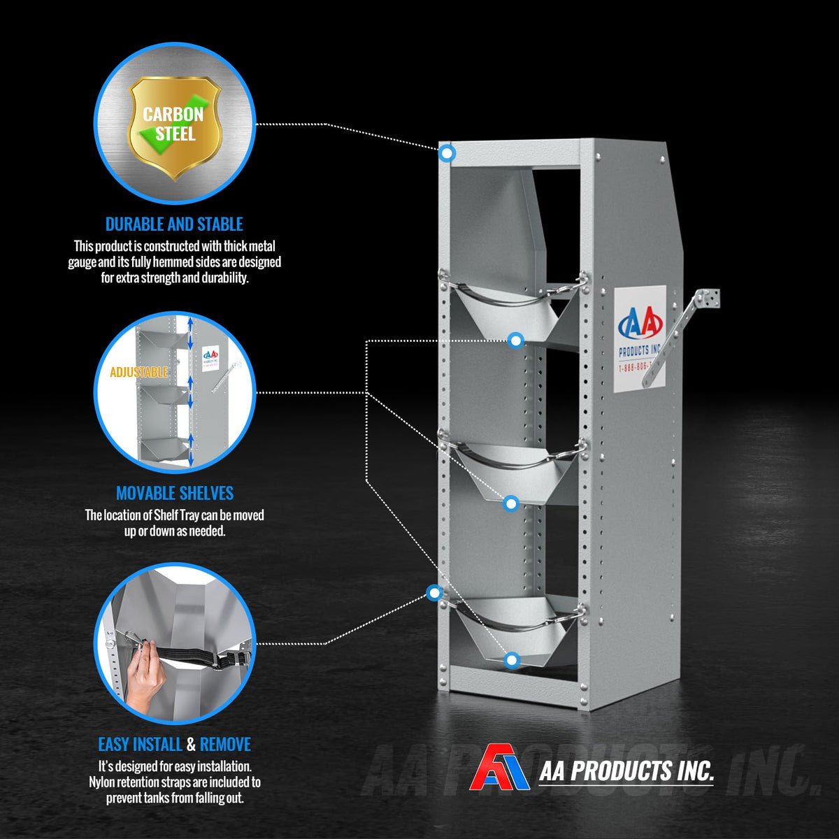AA Products TR-3-38 Refrigerant Tank Rack Steel Freon Tank Holder Rack Shelving Storage with Top Shelf for Cargo Van, 38" H x 12.2" W x 13" D