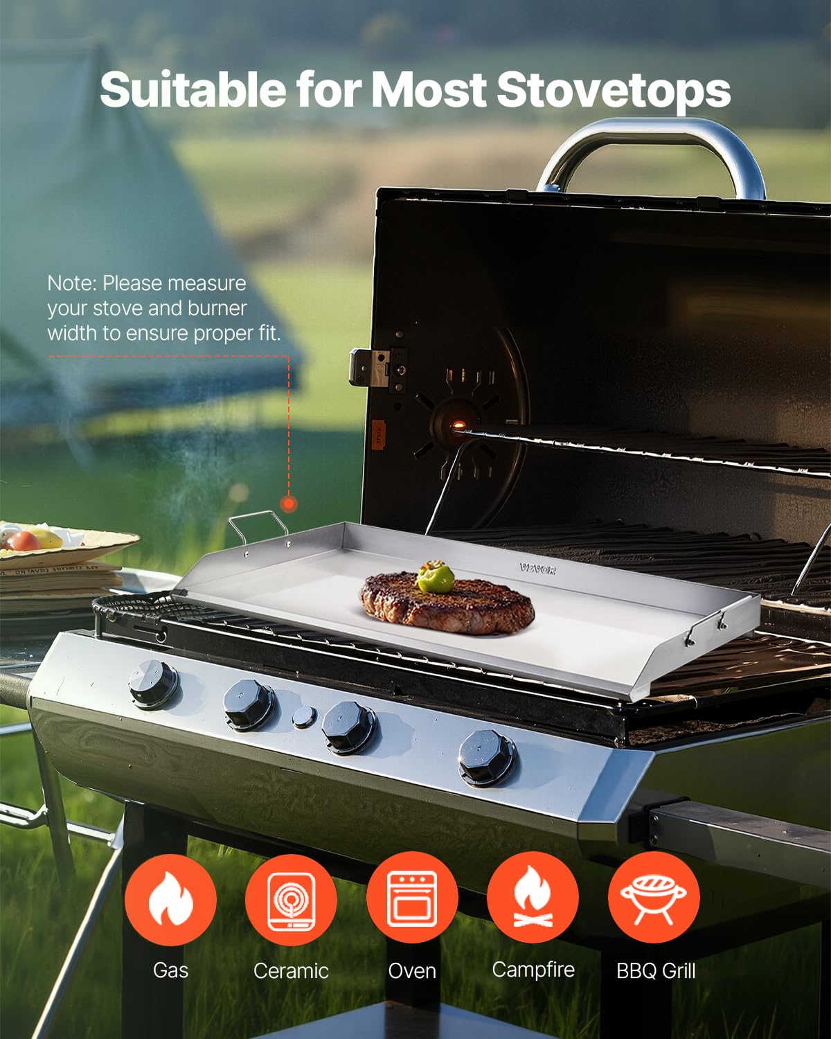 VEVOR Stainless Steel Griddle, 36x22 inch Universal Flat Top Rectangular Plate, Gas Grill Griddle for BBQ Grill, Teppanyaki, Portable Family Cookware with Handle, for Camping Tailgating Party