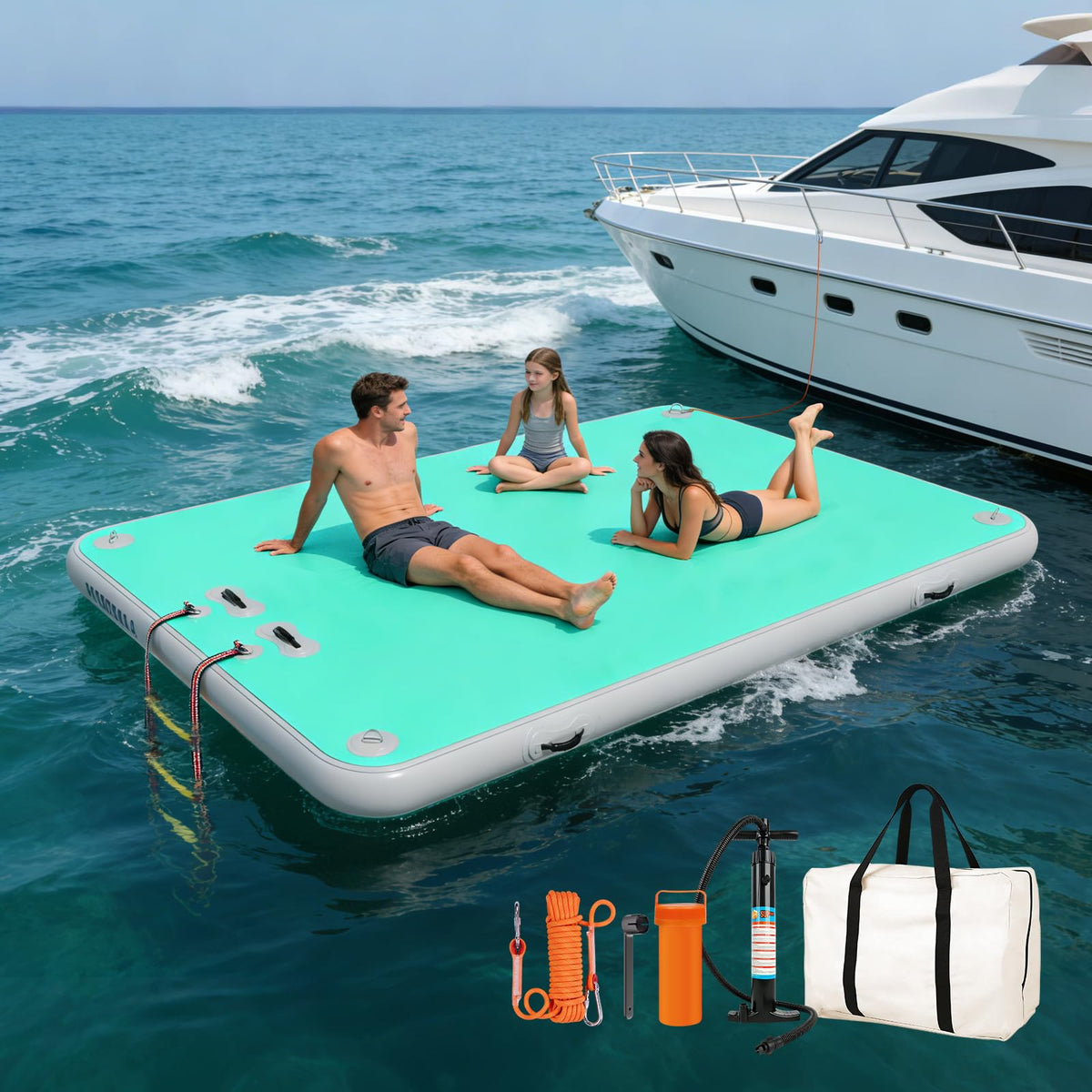 Inflatable Floating Dock, Water Island Float Raft Mat with Non-Slip Surface, 5FT/8FT/10FT Air Deck Platform, 6 Inch Thick for Pool, Lake, River, Beach, Ocean (Mint Green, 5 ft x 6.6 ft x 6")
