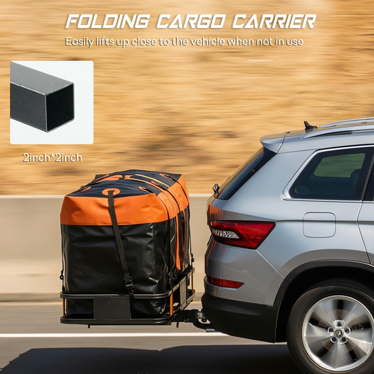 KMFurnila Folding Hitch Mount Cargo Carrier, 60.1" x 20" x 6" Steel Rack with 500 lbs Capacity, Includes Waterproof Bag, Cargo Net, Combination Lock, Straps and Hitch Stabilizer