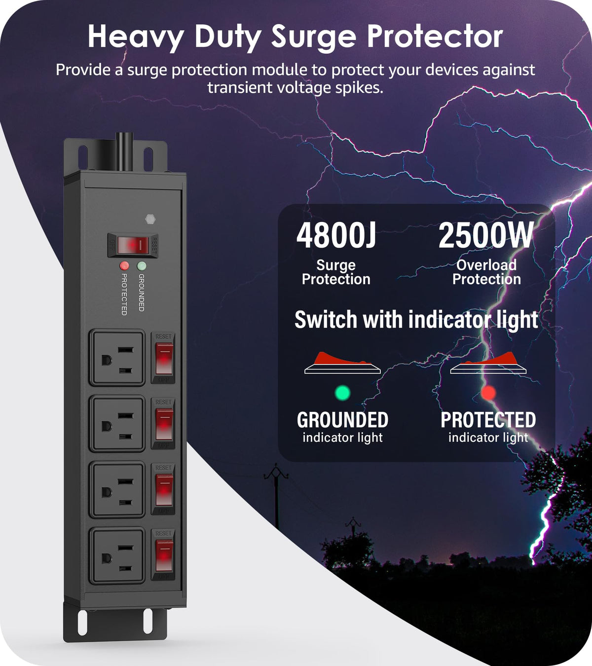 CCCEI 12 Gauge Outdoor Long Extension Cord with Multiple Outlets, 20 Amp Individual Switches Heavy Duty Surge Protector Power Strip, Garage Wall Mount Outlet Extender. 100 FT, Black.