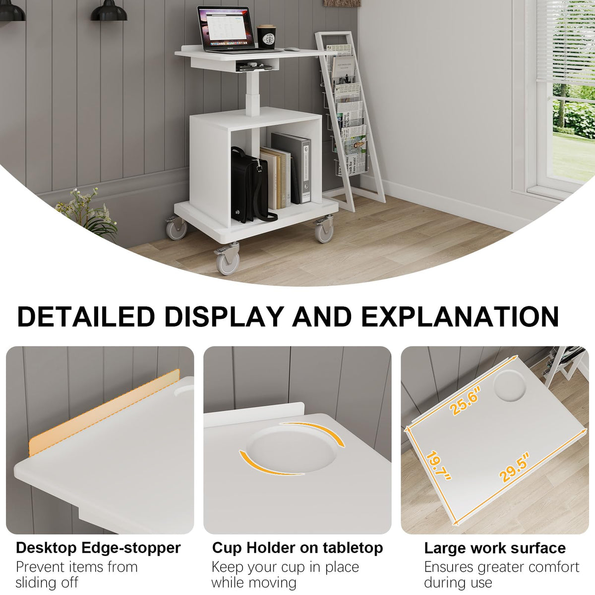 Natwind Mobile Workstation, Rolling Laptop Cart with Large Surface & Pneumatic Height Adjustable Design, for Medical Hospital Clinics, Office Presentation, Teachers Podium, with Drawer & Open Cabinet