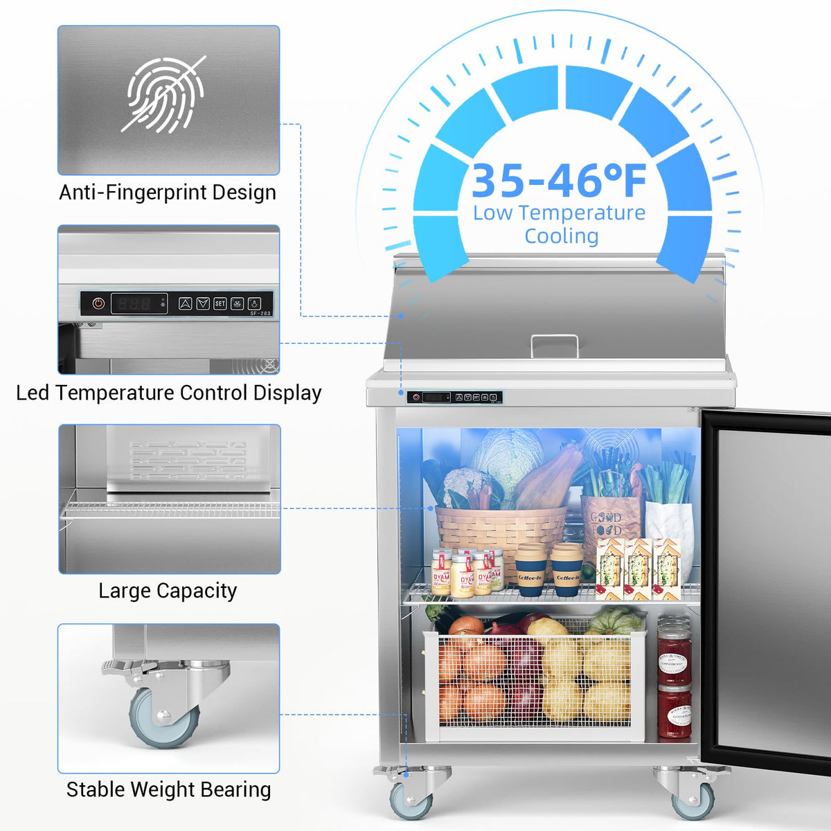 GarveeHome Commercial Refrigerator, 28" Undercounter Worktop Refrigerator,7.4 cu. ft W Single Door Thick Stainless Steel Refrigerator Sandwich Salad Prep Station Cooling with Cutting Board and 8 Pans