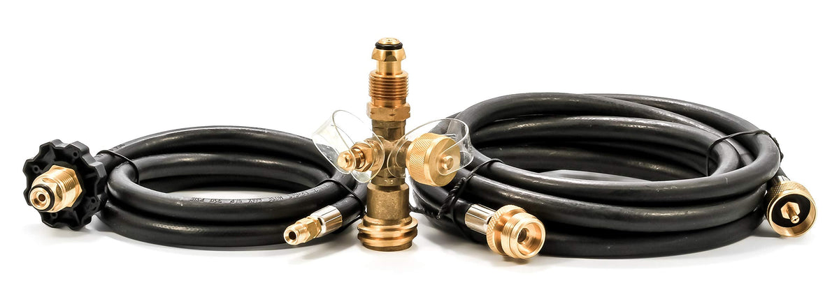 Camco Propane Brass 4 Port Tee- Comes with 5ft and 12ft Hoses, Allows for Connection Between Auxiliary Propane Cylinder and Propane Appliances (59123), Black