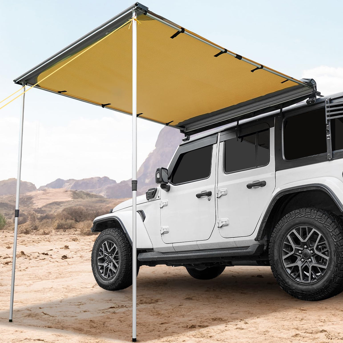 JOYTUTUS Vehicle Awning 4.6'x6.6' Roof Rack Pull-Out Sun Shade UV50+, Weatherproof 4x4 Side Awning for Camping, Car Sunshade with Adjustable Hardware, Quick Set-up, SUV/Truck/Van/Jeep