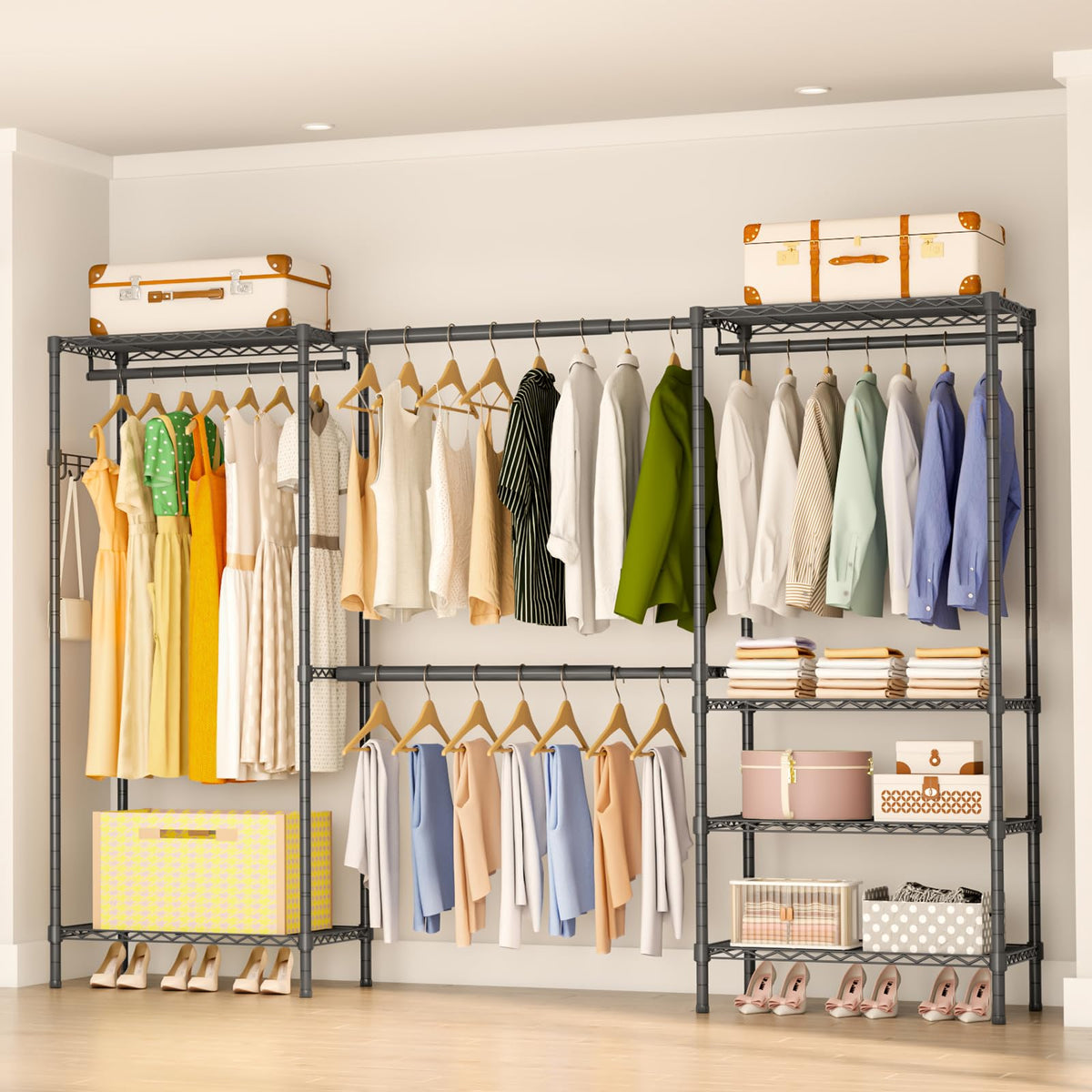 Exglobol Heavy Duty Garment Rack, Portable Expandable Freestanding 4 Tiers Adjustable Wire Shelves Clothes Rack with 2 Retractable Poles, 70.9-86.6" L x 15.7" W x 76.8" H, Max Load 900LBS, Black