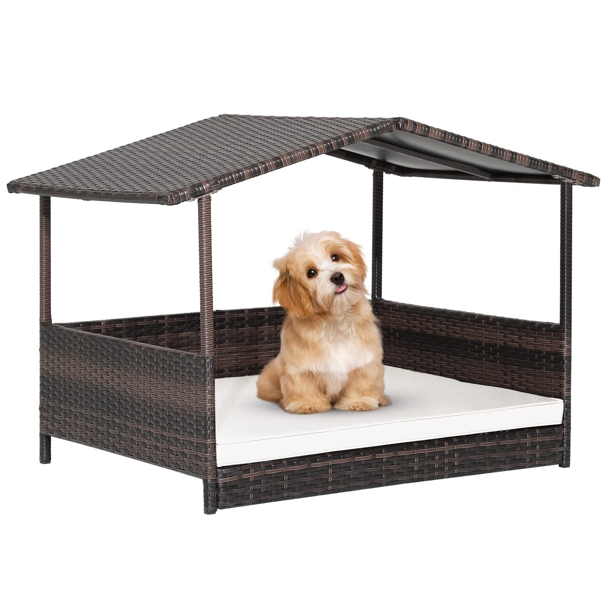 PETSITE Wicker Elevated Dog Bed with Weatherproof Roof, Raised Rattan Pet House Indoor/Outdoor with Removable Cushion Lounge for Small, Medium Dogs
