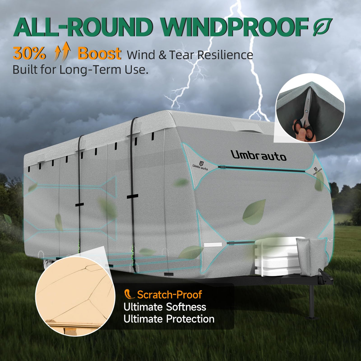Umbrauto RV Cover Fits 33-35ft Travel Trailer: Lightweight, Waterproof Camper Cover for Toy Hauler, Winter Campsite, with Gutter Covers, Tongne Jack Covers, Windproof Straps
