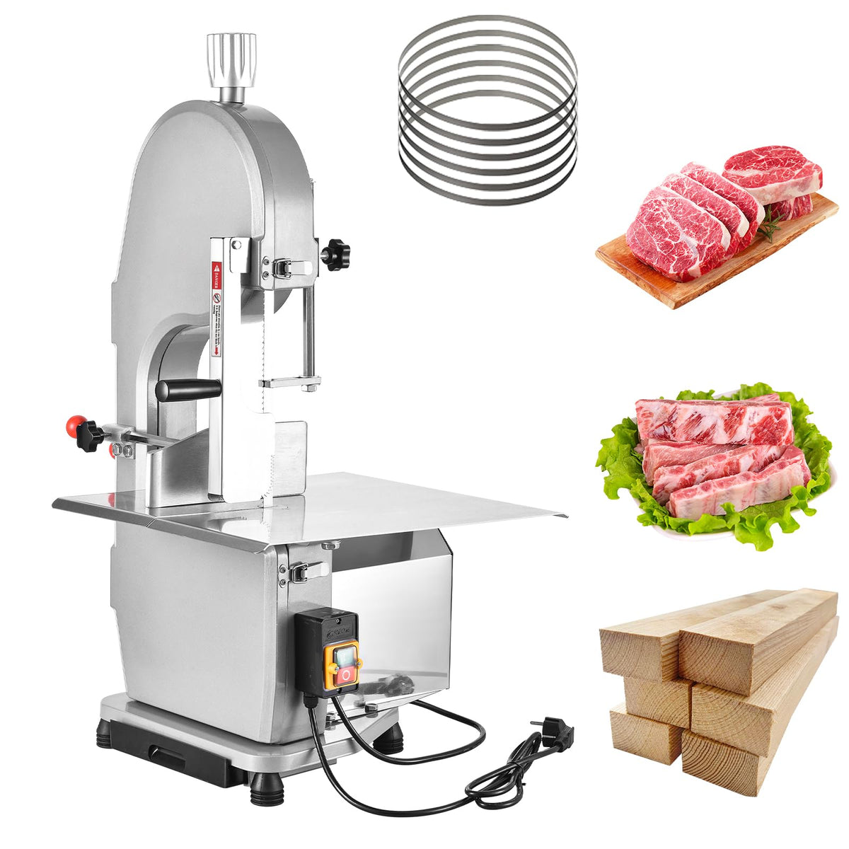 1500W Electric Bone Saw Machine Commercial Electric Meat Bandsaw for Butchering, 18.8" x 14.9" Workbench, 0.4-7.1 Inch Cutting Thickness, Table Sawing for Cutting Rib, Frozen Meat with 5 Saw Blades