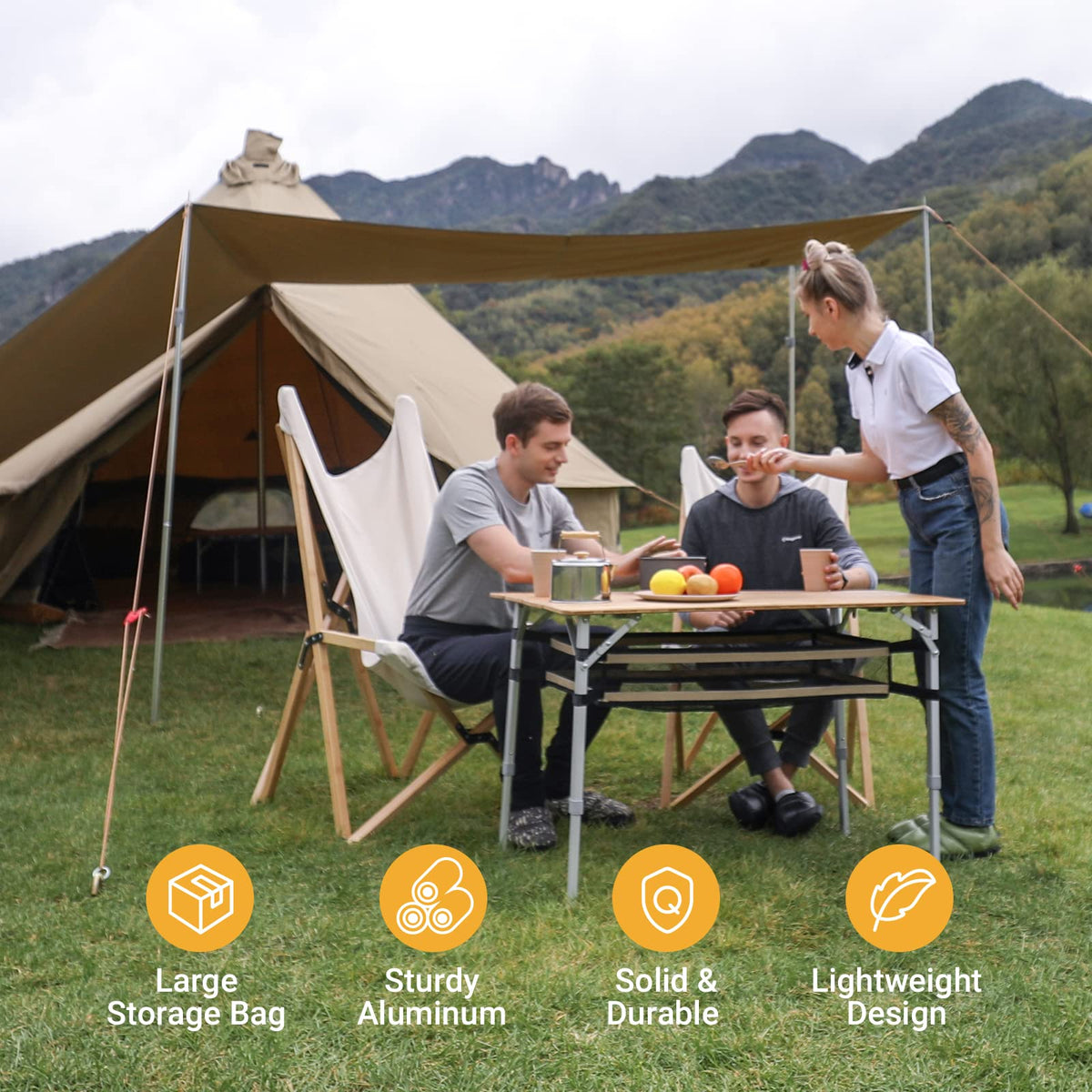 KingCamp Bamboo Folding Table Camping Table with Large Storage Bag Adjustable Height Aluminum Legs Heavy Duty 176 lbs 4-Fold Portable Camp Tables for Travel, Picnic, RV, 4-5 People