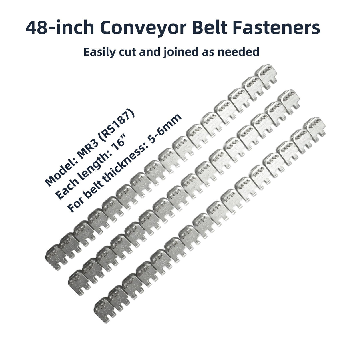 48'' Stainless Steel Conveyor Belt Fasteners Clips with 27.5'' Hinge Pin - for Industrial Conveyor Belt Staple Lacing, Suitable for Belt Thickness of 5-6mm - Split into 3 Equal Sections