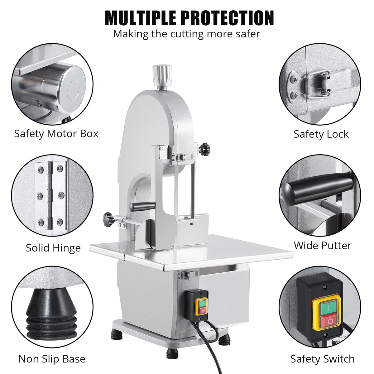 1100W Commercial Electric Meat & Bone Band Saw with Stainless Steel Table (19.3"X15"), Adjustable Thickness 0.16-7.9", Includes 5 Blades – Frozen Meat Cutter Ideal for Butcher Shops, Restaurants, Home