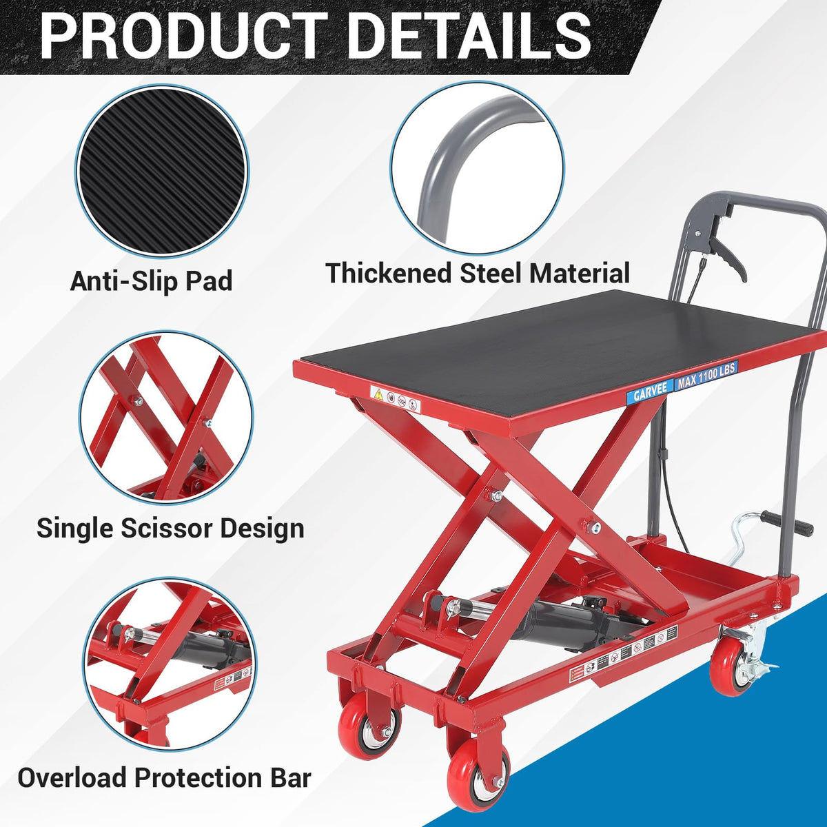 Hydraulic Lift Table Cart, 330lbs Capacity 28.5 in Lifting Height Hydraulic Table Cart, Single Scissor Lift Table with Non-Slip Pad for Material Handling and Transportation, Red
