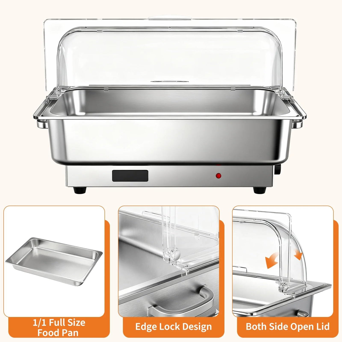 Garvee Electric Chafing Dish Buffet Set, 2 × 4.5 QT Roll Top Food Warmer with Transparent PC Lid, 400W Temperature Control 86-200°F, Stainless Steel Chafer for Catering Parties(2 Packs)