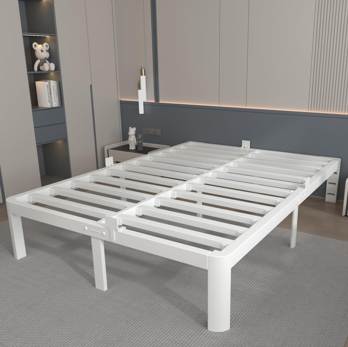 KOSOSO 12 Inch White Full Size Bed Frame with Baffles, Metal Full Bed Frame No Box Spring Need, Heavy Duty Steel Platform Support, Reserved Holes, Round Corner Legs, Storage Space, Noiseless
