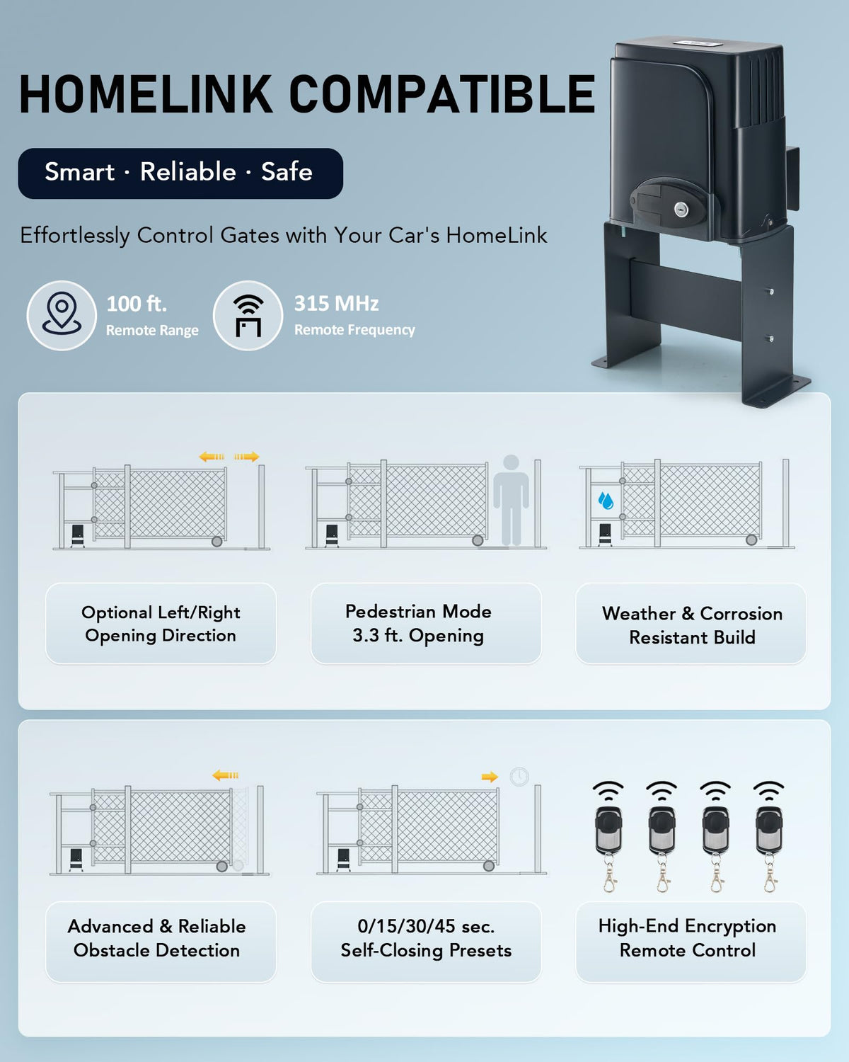 CO-Z CGHL14 Automatic Gate Opener, HomeLink Compatible Sliding Gate Opener for 1400lb 40ft Gates, Electric 280W Chain Operated Gate Opening Kit with IR Sensors Remotes, Driveway Home Garden