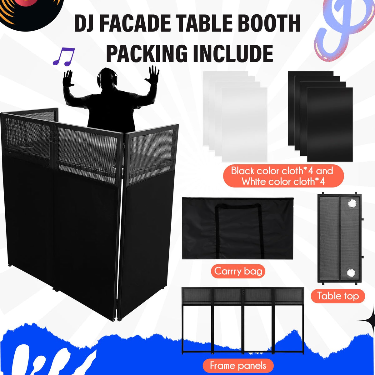 Portable DJ Facade Booth,52"L X 26"W DJ Facade with White & Black Scrim,Foldable DJ Table Station with Adjustable Feet for Party, Black Metal Frame