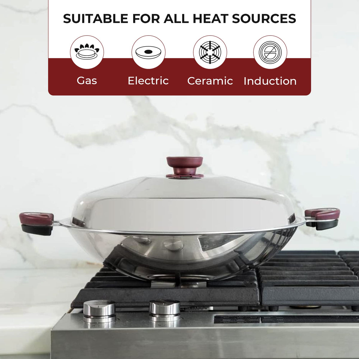 BUFFALO Clad Stainless Steel Wok Pan with Lid Flat Bottom 15 inch (38cm) Stir Frying Pan Tri-Ply Nonstick Cookware - Double Handle Cooking Pot for Induction/Electric/Gas Stoves