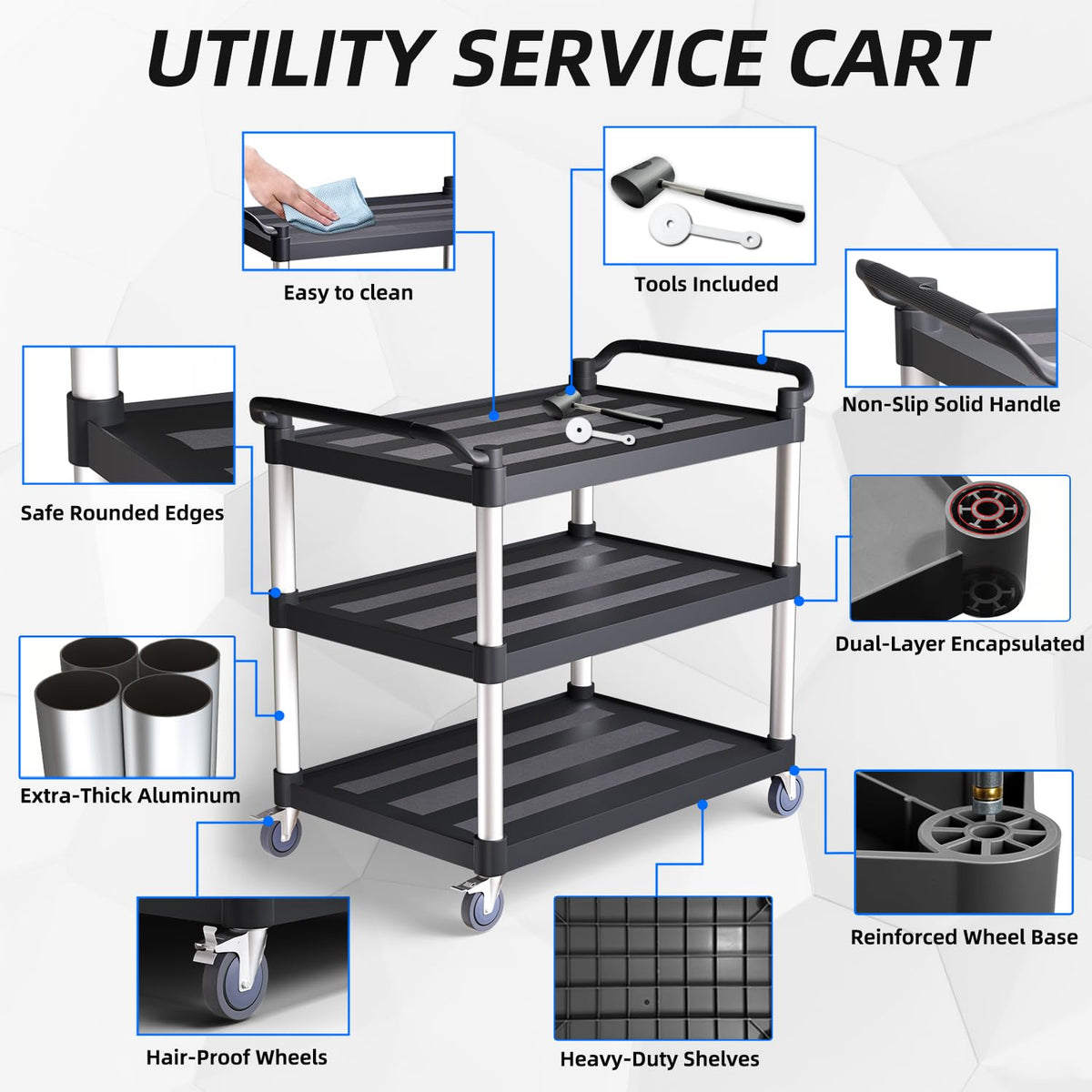 Utility Cart with Tangle-Free Wheels, Large Size 3 Tier Rolling Service Cart with Wheels(2 with Brakes), Heavy Duty 450 Lbs Capacity,Commercial Serving Cart for Home, Office, Restaurant, Warehouse.