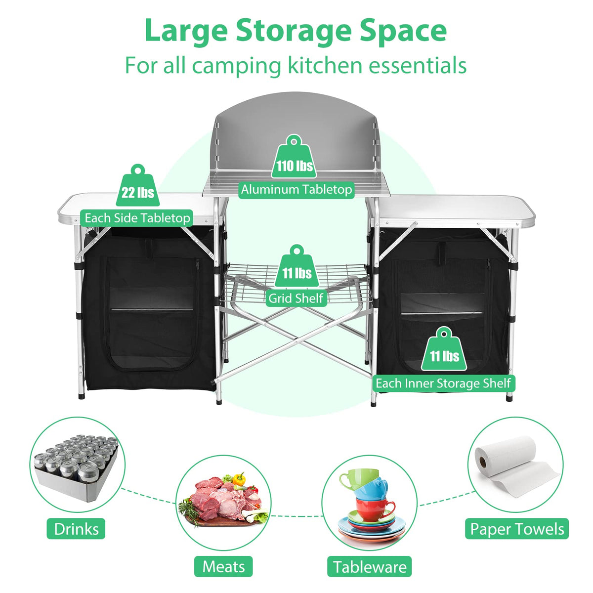 GYMAX Folding Camping Table, Portable Kitchen Table with 2 Zipper Organizer Shelf & Wind Screen, Foldable Cooking Table for Camping Hiking Picnic BBQ (Black)