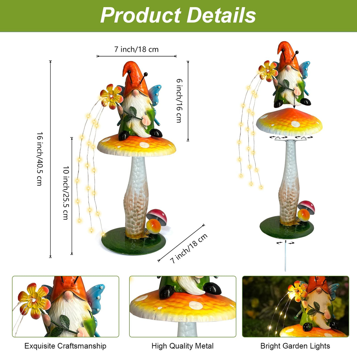 HONGLAND Solar Garden Gnome Figurine, Waterproof Outdoor Mushroom Decor with Solar Outdoor Lights for Yard, Patio, Lawn Ornaments, Ideal Gifts for Mom Grandma Women, Housewarming Gifts-16.5"