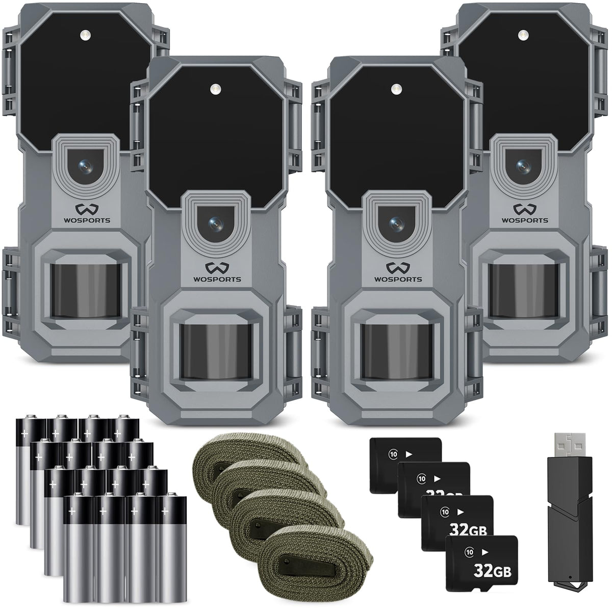 WOSPORTS Trail Camera 4 Pack 32MP 1080P HD Deer Camera with 32GB SD Card Game Cameras with Night Vision Motion Activated Waterproof for Outdoor Wildlife Monitoring with Card Reader