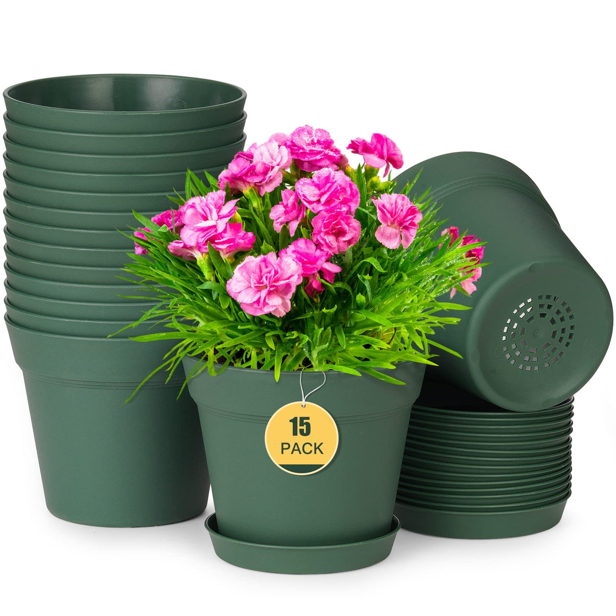 homenote Plant Pots,15 Pack 6 inch Flower Pots with Multiple Drainage Holes and Saucers,Plastic Planters for All Home Garden Flowers Succulents(Green)