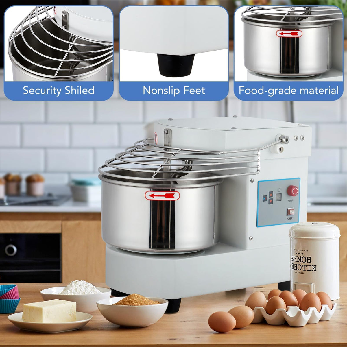 ExploreHorizon 10.5 Qt Commercial Food Mixer，110V 650W Dual-Rotation Dough Kneading Machine with Touchscreen Timer，Food-grade Stainless Steel Bowl & Safety Shield for Bakeries & Restaurants