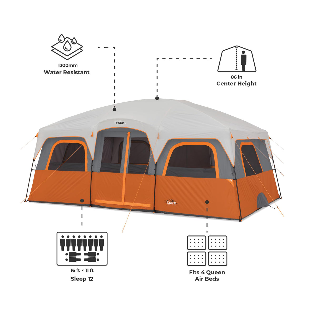 CORE 12 Person Tent | Large Multi Room Family Cabin Tent with Carry Bag for Outdoor Car Camping | Included Storage Pockets for Camping Accessories