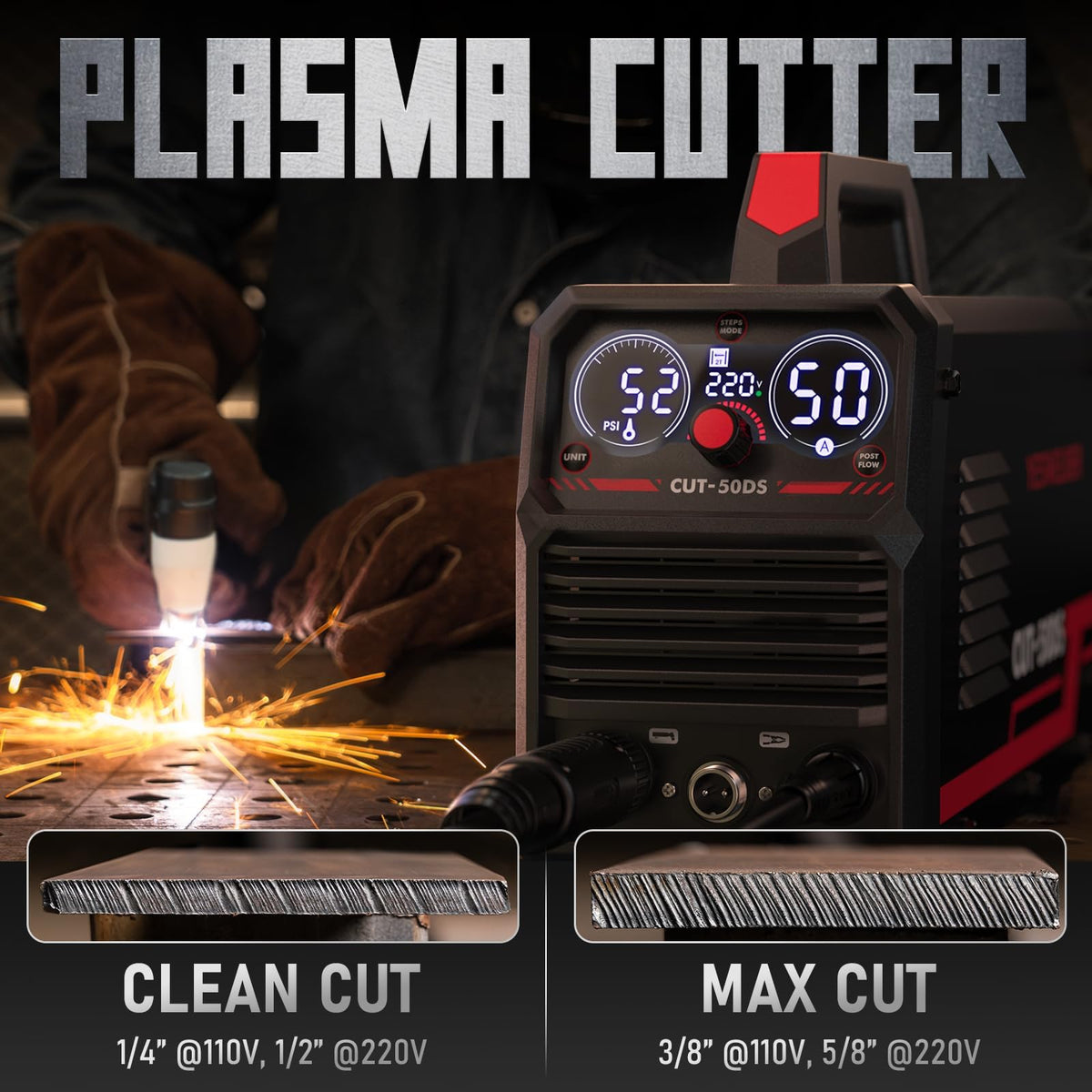 YESWELDER CUT-50DS Plasma Cutter, 50A 110V/220V Pilot Arc Digital Display Plasma Cutting Machine & 60 Pcs Plasma Cutting Consumables Fit Cut40 50 with Plasma Cutter Torch PT31 LG40