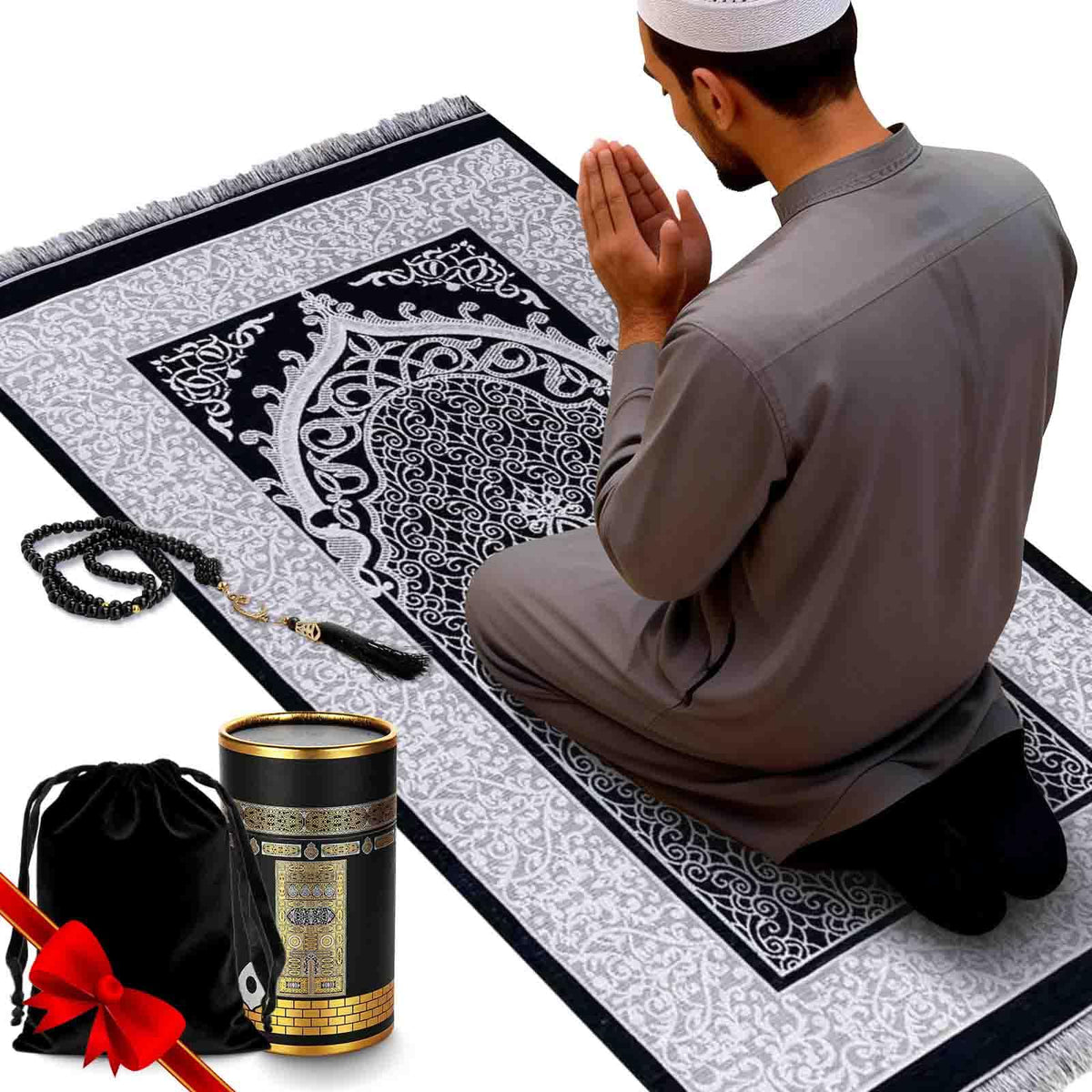 Muslim Prayer Rug and Prayer Beads with Gift Box, Soft Islamic Prayer Mat, Islamic Gifts Set, Prayer Carpet Mat, Sajadah/Janamaaz/Seccade (Black)