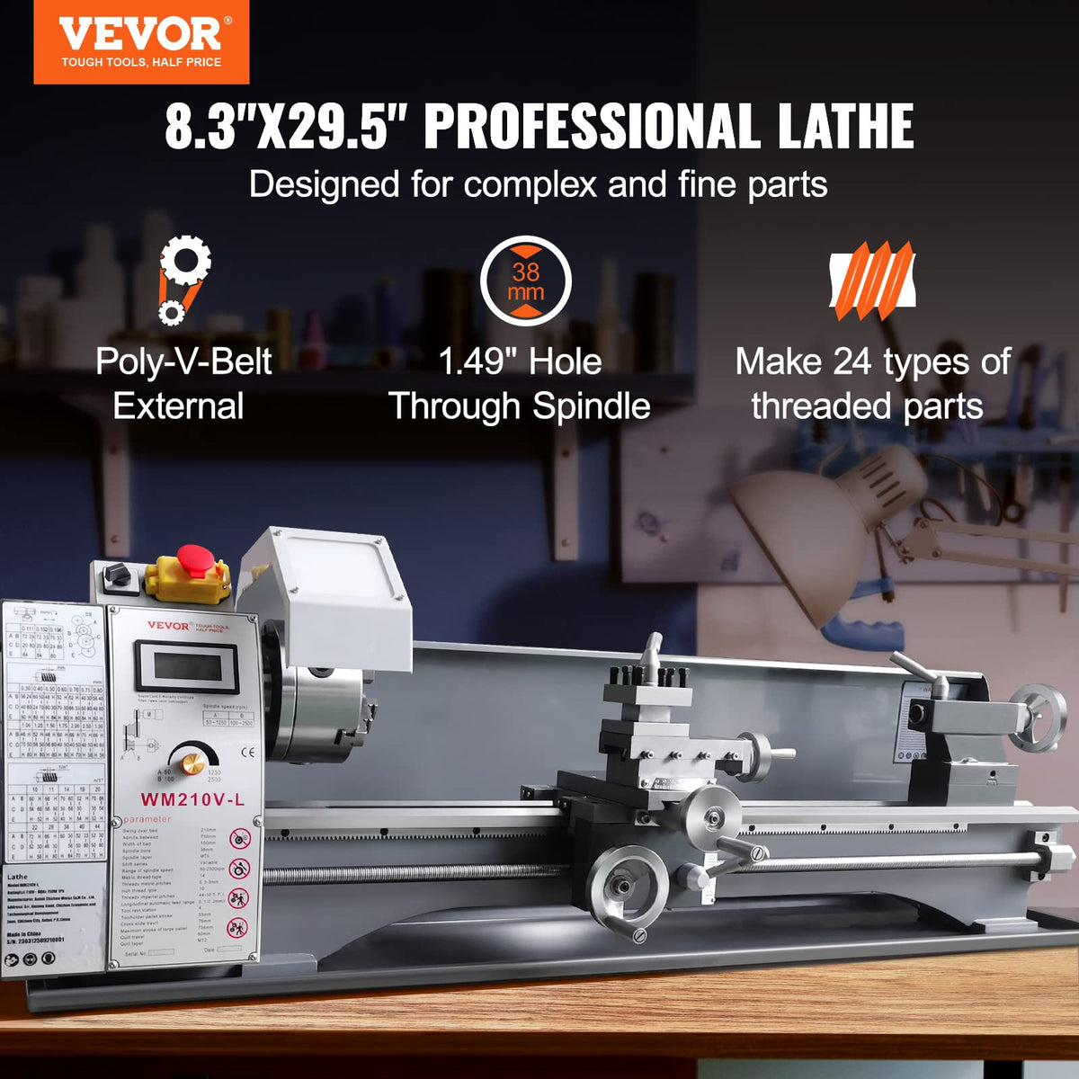 VEVOR Metal Lathe, 8.3'' x 29.5'' Benchtop Metal Lathe 0-2500 RPM Continuously Variable Speed 750W Brushless Motor Metal Gears with LCD Display Metal Lathe Machine